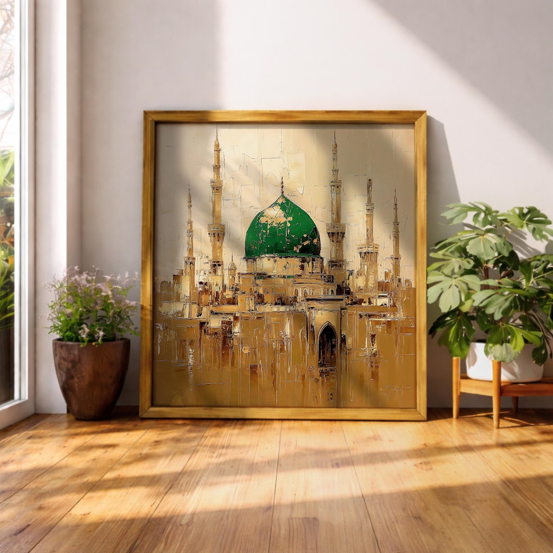 J.medina 油絵 Masjid Nabawi Wall Art Prophet Mosque Framed Canvas Medina Vintage