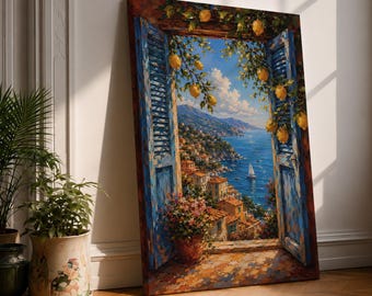 Amalfi Coast Wall Art, Mediterranean Painting, Italian Coastal Art, Lemon Wall Decor, Blue Window Seascape, Colorful Italy Canvas Art