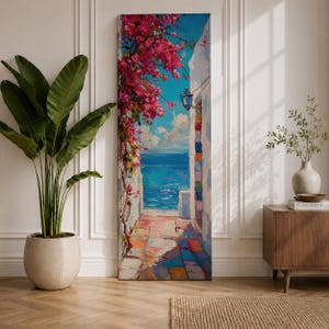 Santorini Long Narrow Vertical Wall Art Greek Island Village Gift Living Room Home Decor