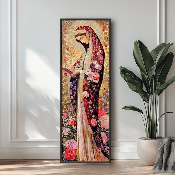 Virgin Mary Tall Print: Floral Byzantine Religious Wall Art