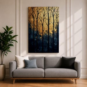 A framed vintage-style artwork depicting tall, bare trees in a forest with a textured golden background. The composition highlights the silhouette of woodland trees against a warm, aged backdrop, blending natural landscape elements with a nostalgic vintage aesthetic.
