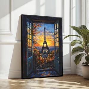 Eiffel Tower Door View Wall Art Print | Paris Sunset Digital Artwork | Romantic Balcony Decor