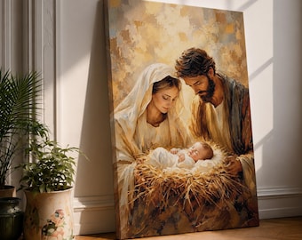 Holy Family Canvas Print, Vintage Nativity Wall Art, Baby Jesus Painting, Christian Christmas Decor