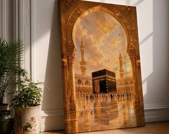 Kaaba Wall Art Hajj Pilgrims Framed Canvas Masjid al Haram Arabesque Islamic Home Decor