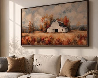 Panoramic Barn Canvas Print, Autumn Countryside Landscape Painting, Rustic Heritage Farmhouse Wall Art
