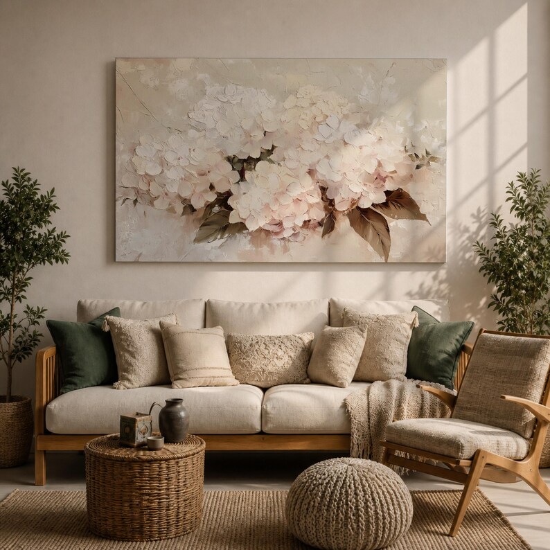 Hydrangea Wall Art Hortensia Framed Canvas Soft Bloom Botanical Vintage Floral Cottage Home Decor