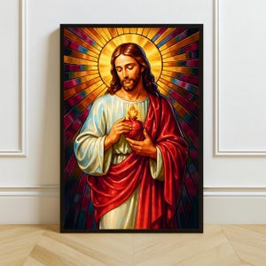 Sacred Heart of Jesus Stained Glass Art: Catholic Wall Decor (Digital / Print / Canvas / Framed)