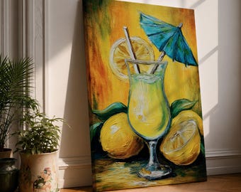 Lemon Cocktail Wall Art Tropical Drink Framed Canvas Citrus Abstract Kitchen Decor
