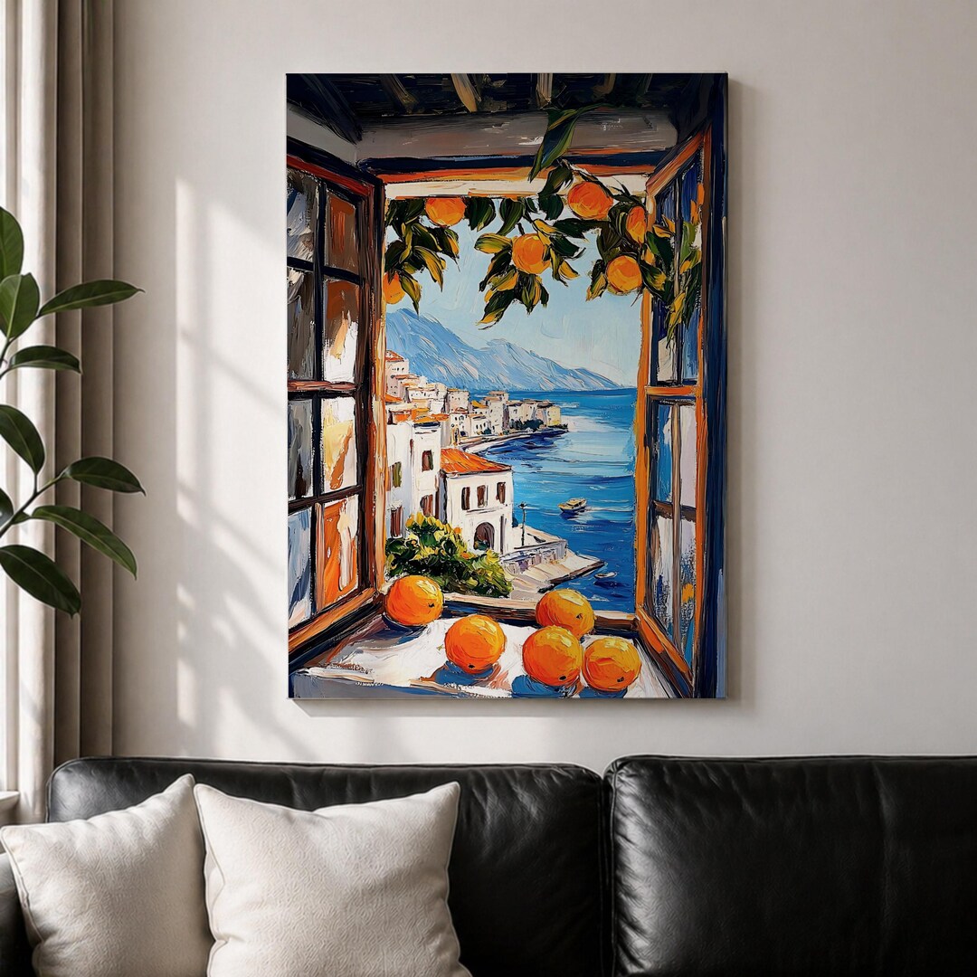 Mediterranean Orange Window Wall Art Coastal Sea View Framed