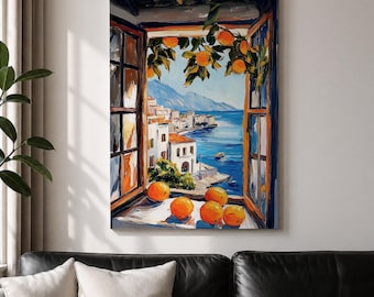 Mediterranean Orange Window Wall Art Coastal Sea View Framed Canvas Rustic Landscape Bedroom Decor