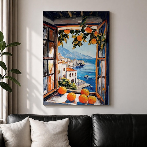 Mediterranean Orange Window Wall Art Coastal Sea View Framed