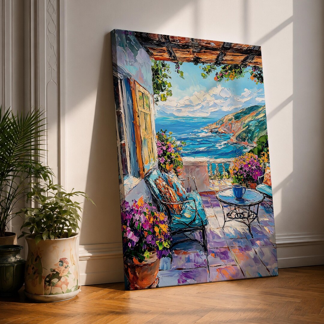 Mediterranean Terrace Wall Art Coastal Balcony Seaside Framed Canvas ...