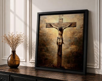 Jesus Crucifixion Wall Art, Christ on Cross Canvas, Antique Catholic Religious Decor