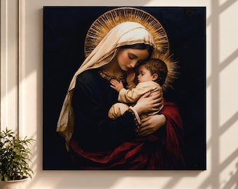 Madonna and Child Wall Art Mother Embrace Framed Canvas Mary and Jesus Catholic Decor