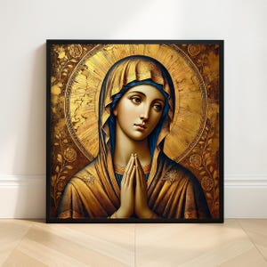 Byzantine Blessed Virgin Mary Icon Art Print, Square Religious Wall Decor, Gold Praying Madonna Digital Artwork
