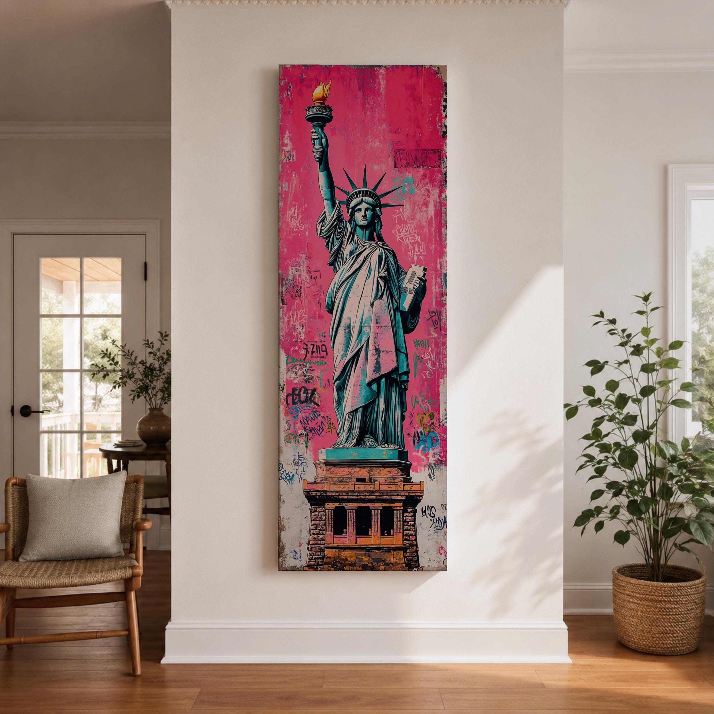 Statue of Liberty Wall Art, Tall Narrow NYC Canvas, Pink Graffiti