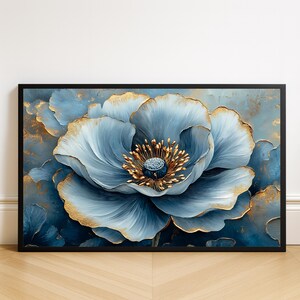 Blue Flower Wall Art, Elegant Floral Artwork, Modern Botanical Decor, Horizontal Digital Download