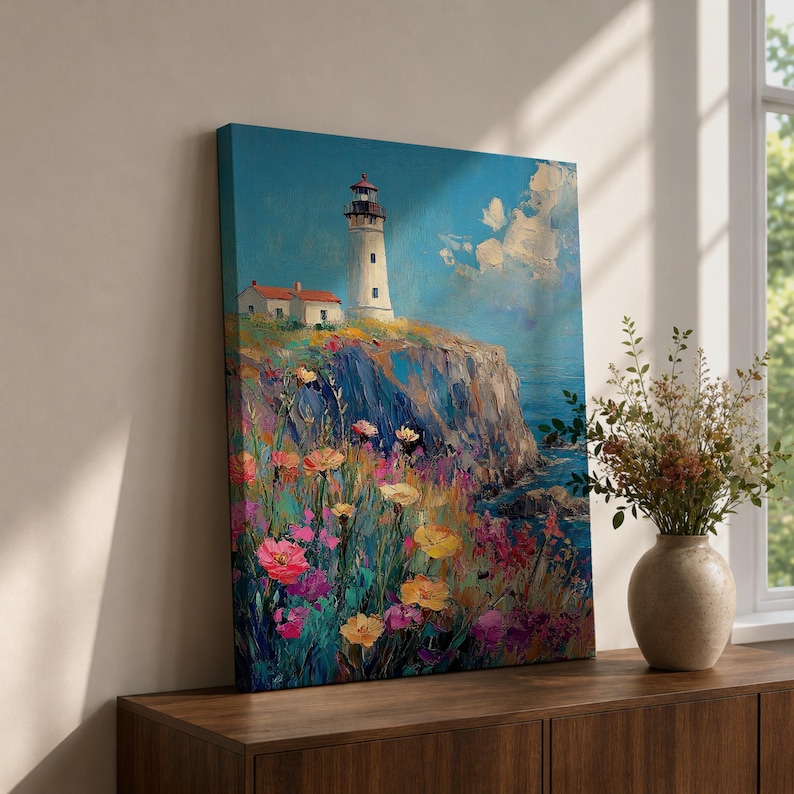 Escape to the coast with this lighthouse wall art featuring a coastal wildflower cliff in a contemporary abstract painting. Expressive brushwork and seaside scenery create a peaceful focal point for living rooms, bedrooms, and beach-inspired interiors.