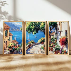 Mediterranean Village 3 Piece Wall Art, Triptych Print, Coastal Landscape Print, Italian Decor, Italy Wall Art