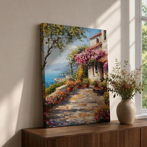 Italian Coastal Patio Wall Art Mediterranean Terrace Framed Canvas Seaside Landscape Living Room Decor