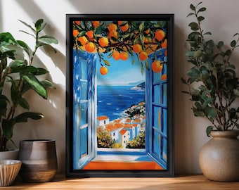 Amalfi Coast Wall Art, Mediterranean Window View, Orange Tree
