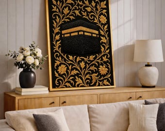 Kaaba Wall Art Gold Embroidery Framed Canvas Masjid Haram Mecca Textile Islamic Home Decor