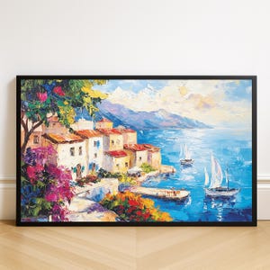 Italian Village Textured Painting Print: Mediterranean Coastal Seaside Seascape Decor (Digital Download)
