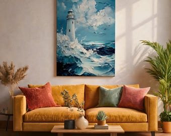 Vuurtoren Muurkunst Oceaan Zeegezicht Ingelijst canvas Kust Nautisch Impasto Landschap Woonkamer Decor