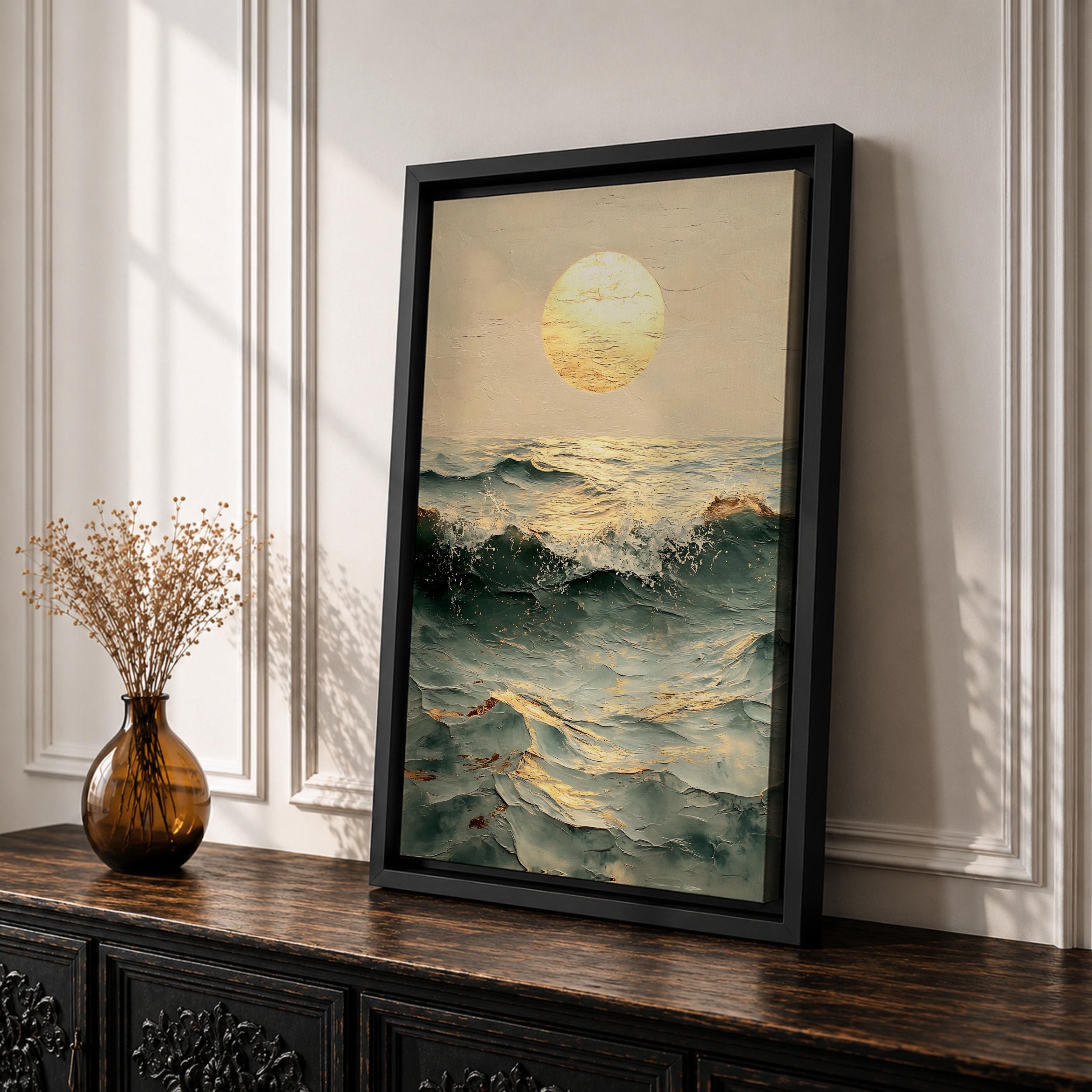 Ocean Waves Wall Art Golden Sunset Framed Canvas Coastal Vintage ...