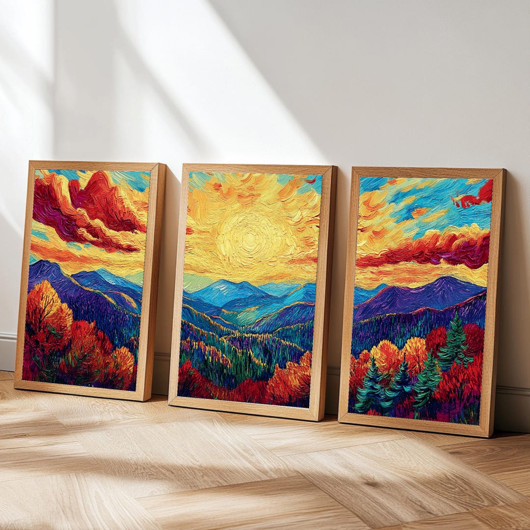 Mountain Sunset Triptych Wall Art Print Set of 3 | Vibrant Digital ...