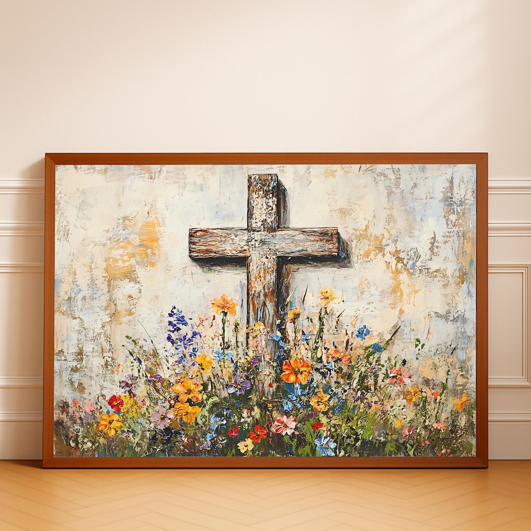 Cross Wildflower Art Print Painting: Rustic Christian Floral Decor ...