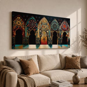 Moroccan Arch Panoramic Wall Art Arabesque Pattern Extra Wide Framed Canvas Islamic Moorish Decor