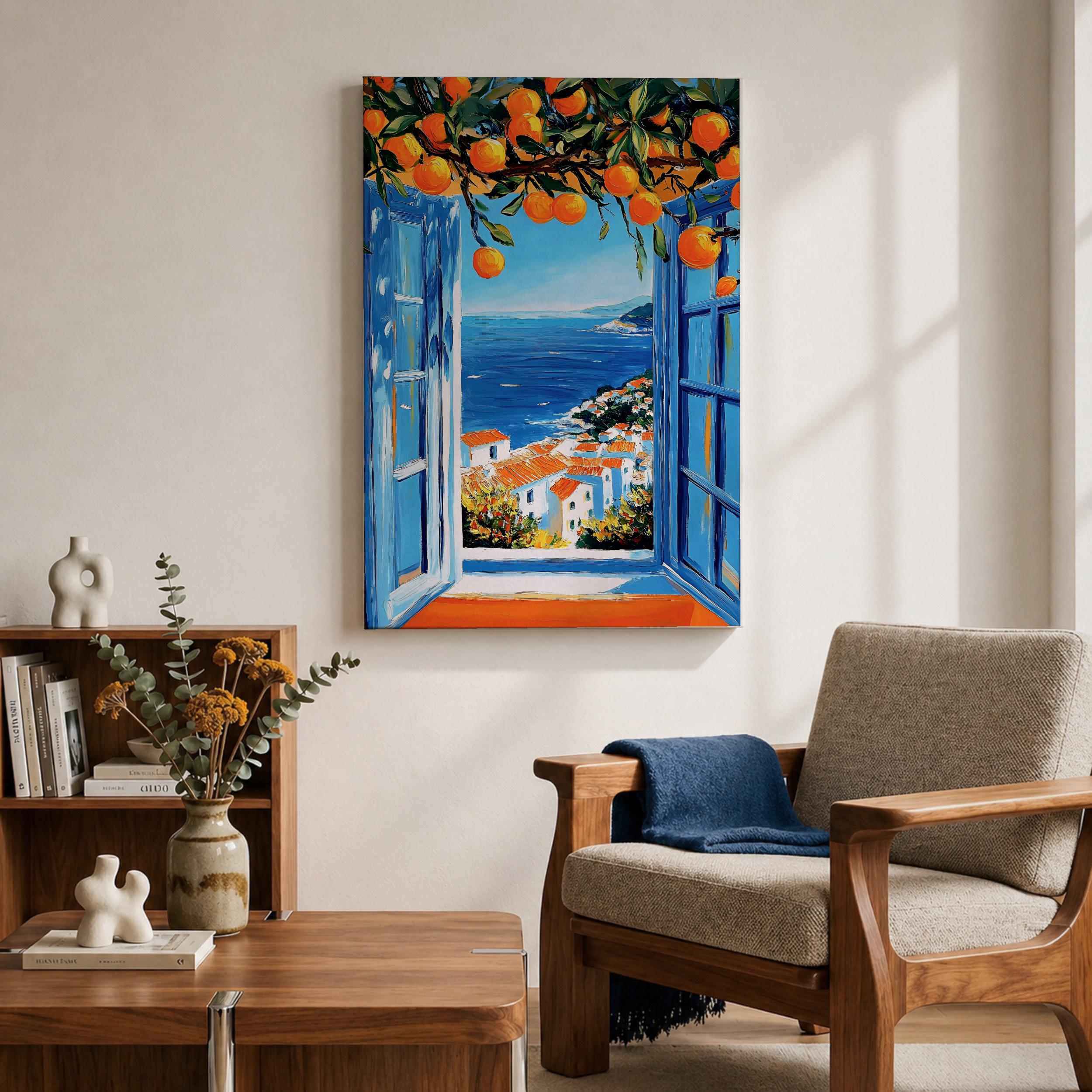 Mediterranean Orange Tree Window Wall Art Coastal Seaside Framed