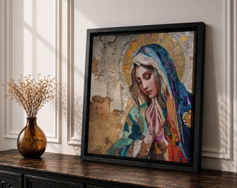 Virgin Mary Wall Art Blessed Mother Framed Canvas Catholic Prayer Mosaic Christian Home Decor