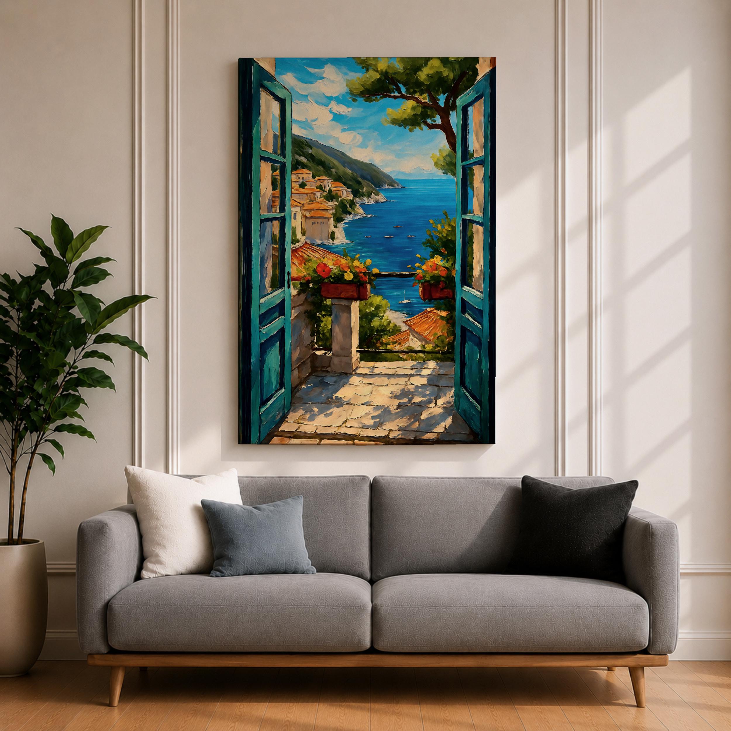 Mediterranean Window Wall Art Coastal Sea View Framed Canvas