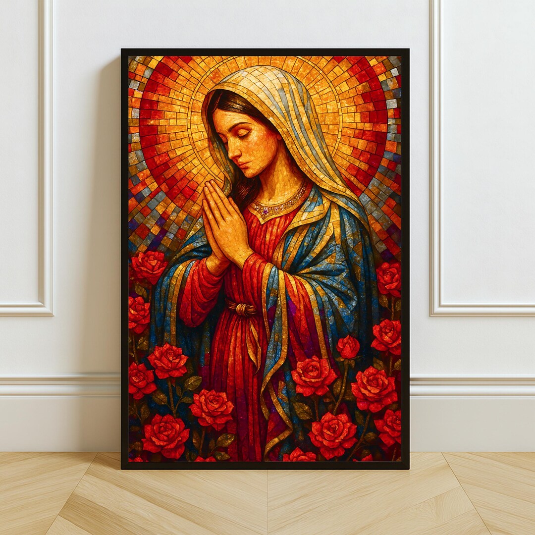 Virgin Mary Floral Stained Glass Art Print: Catholic Rose Prayer Room ...