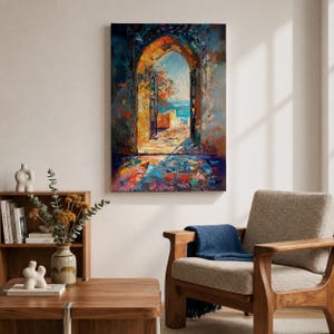 This impasto style painting depicts a Moroccan archway opening to a vibrant ocean view with bright sunlight illuminating textured stone walls and colorful mosaic floor tiles, capturing the essence of Moorish architectural design and coastal cultural scenery.