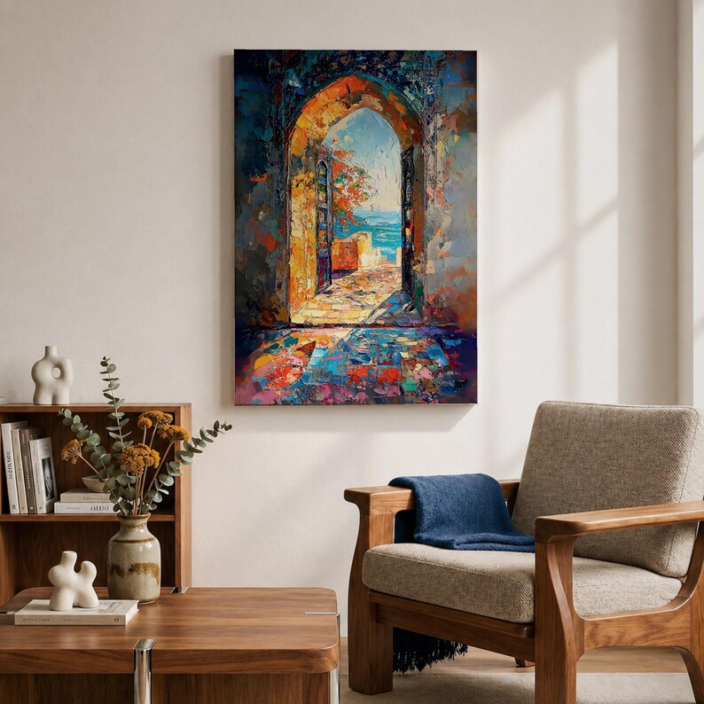 This impasto style painting depicts a Moroccan archway opening to a vibrant ocean view with bright sunlight illuminating textured stone walls and colorful mosaic floor tiles, capturing the essence of Moorish architectural design and coastal cultural scenery.