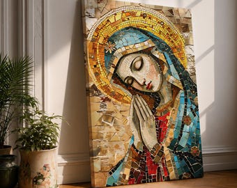 Virgin Mary Wall Art Madonna Mosaic Framed Canvas Orthodox Icon Catholic Home Decor
