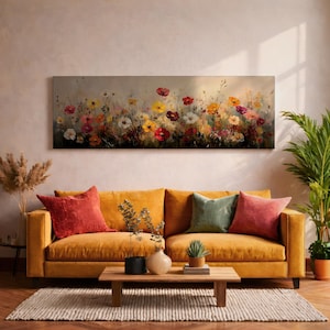 Wildflower Landscape Long Narrow Wall Art Meadow Flowers Panoramic Canvas Cottage Garden Decor