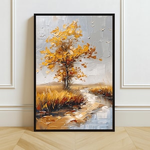 Golden Tree Digital Art Print | Autumn Landscape Wall Art | Printable Fall Decor