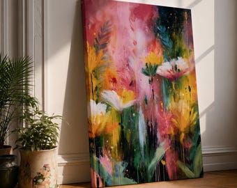 Floral Bouquet Wall Art Colorful Bloom Framed Canvas Garden Flowers Abstract Botanical Decor