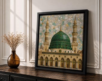 Masjid Al Nabawi Mosaic Wall Art, Green Dome Medina Islamic Canvas Print, Muslim Decor