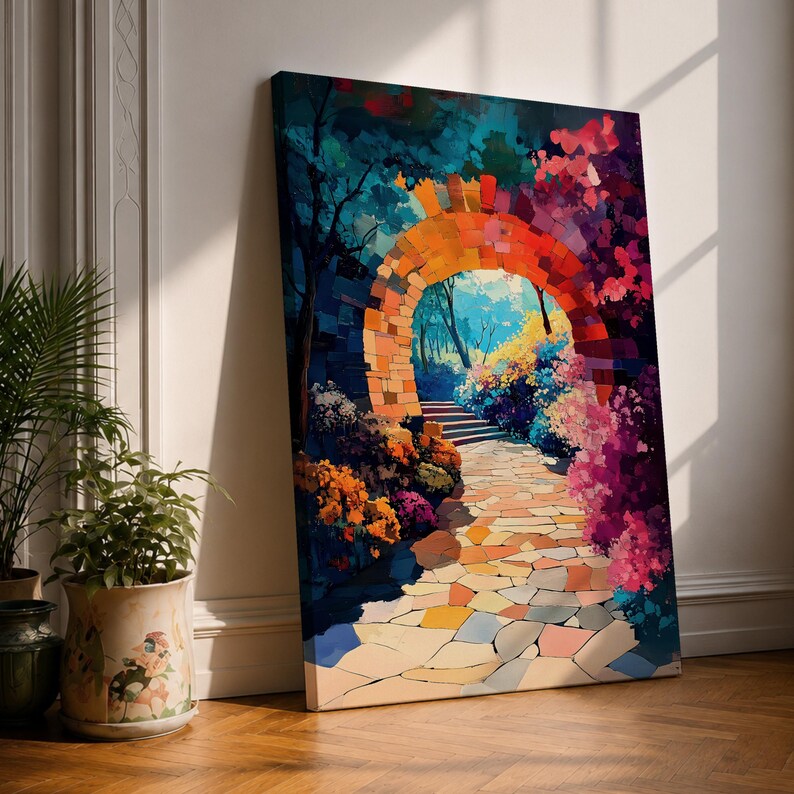 A vibrant painting of a garden archway made of stone blocks leading to a sunlit path surrounded by colorful flowers and lush foliage, rendered in a detailed, naturalistic style capturing the inviting beauty of a fantasy nature scene.