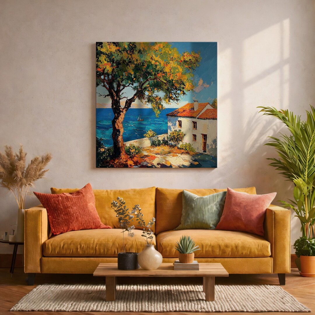 Mediterranean Seaside Wall Art Italian Coastal View Framed Canvas Ocean ...