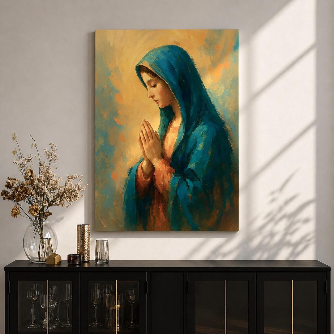 Virgin Mary Wall Art Prayer Pose Framed Canvas Blessed Mother Vintage ...