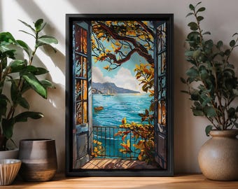 Mediterranean Balcony Wall Art Coastal Ocean View Framed Canvas Seaside Landscape Living Room Decor