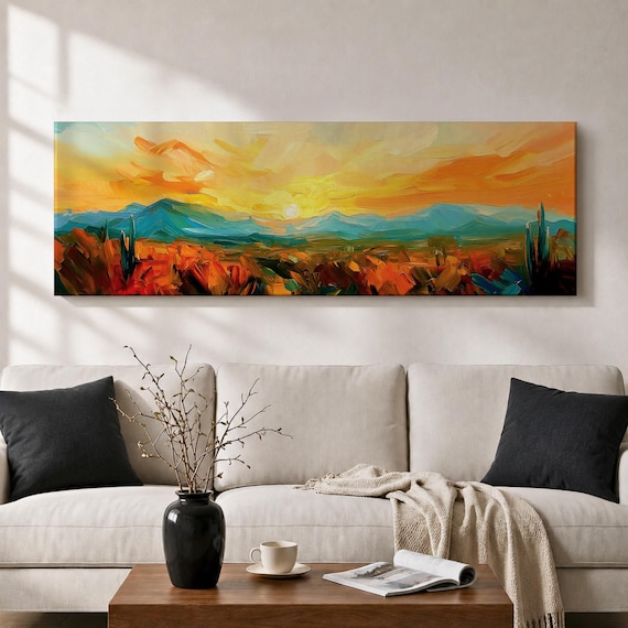 Long Horizontal Southwest Wall Art, Narrow Horizontal Wall Art, Desert Sunset Art, Mountain Landscape, Colorful Arizona Wall Decor