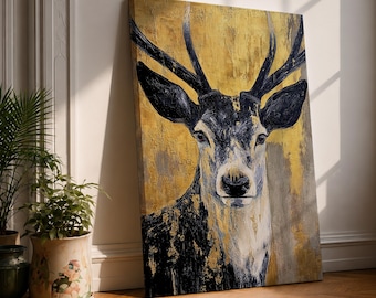 Deer Wall Art Antler Portrait Framed Canvas Stag Impasto Rustic Home Decor