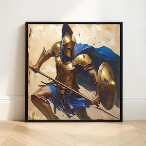 Spartan Warrior Wall Art - Ancient Greek Warrior Print, Gladiator Poster, Gold Armor Artwork, Fantasy Battle Decor